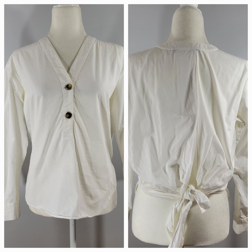 ZARA BASIC white tie back button 'V' neck long sleeve pullover cotton blouse